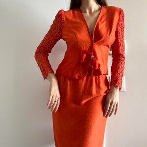 Jeffrey & Dara | Vintage 80s orange satin skirt & lace long sleeve bow blouse